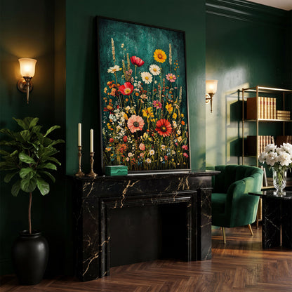 Wildflowers on Teal Canvas Print in black floating frame