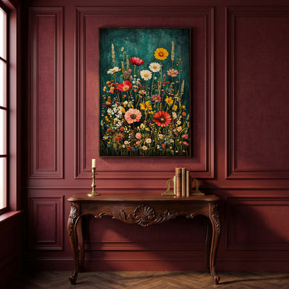 Wildflowers on Teal Canvas Print in dark walnut floating frame