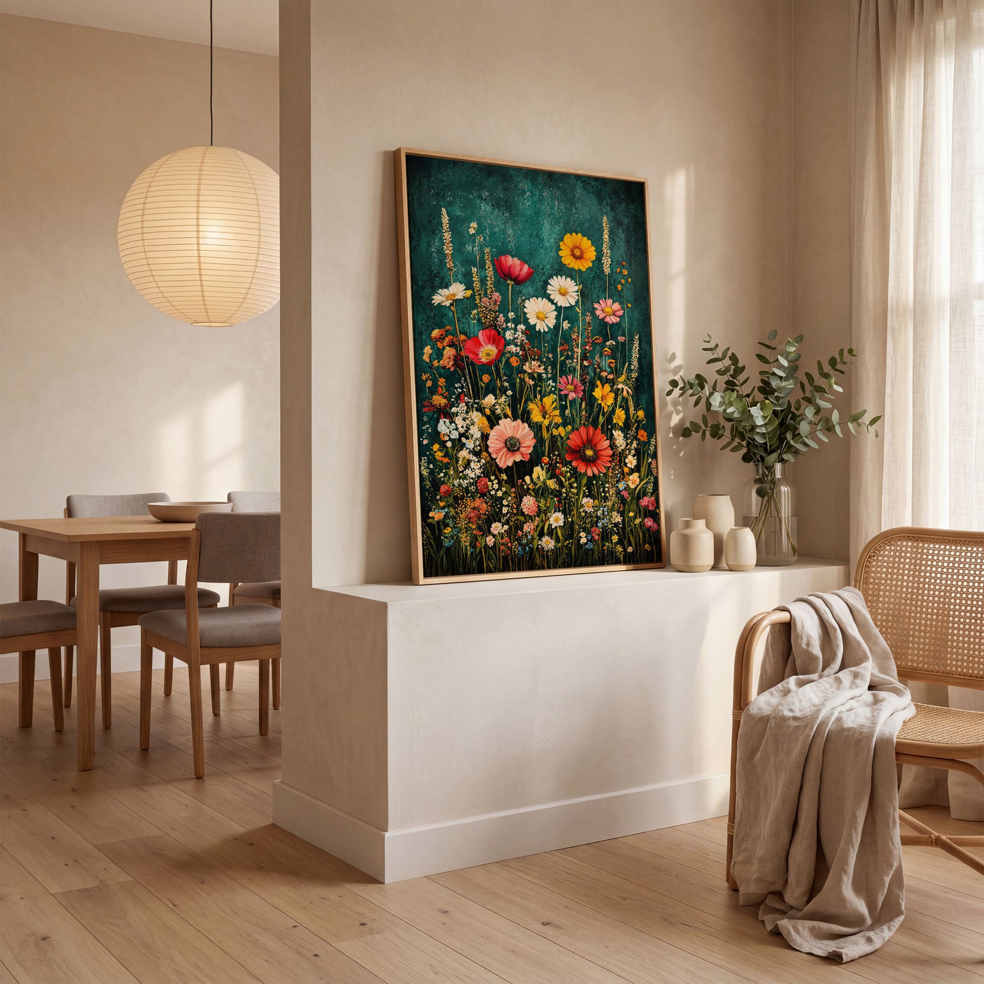Wildflowers on Teal Canvas Print in white oak floating frame