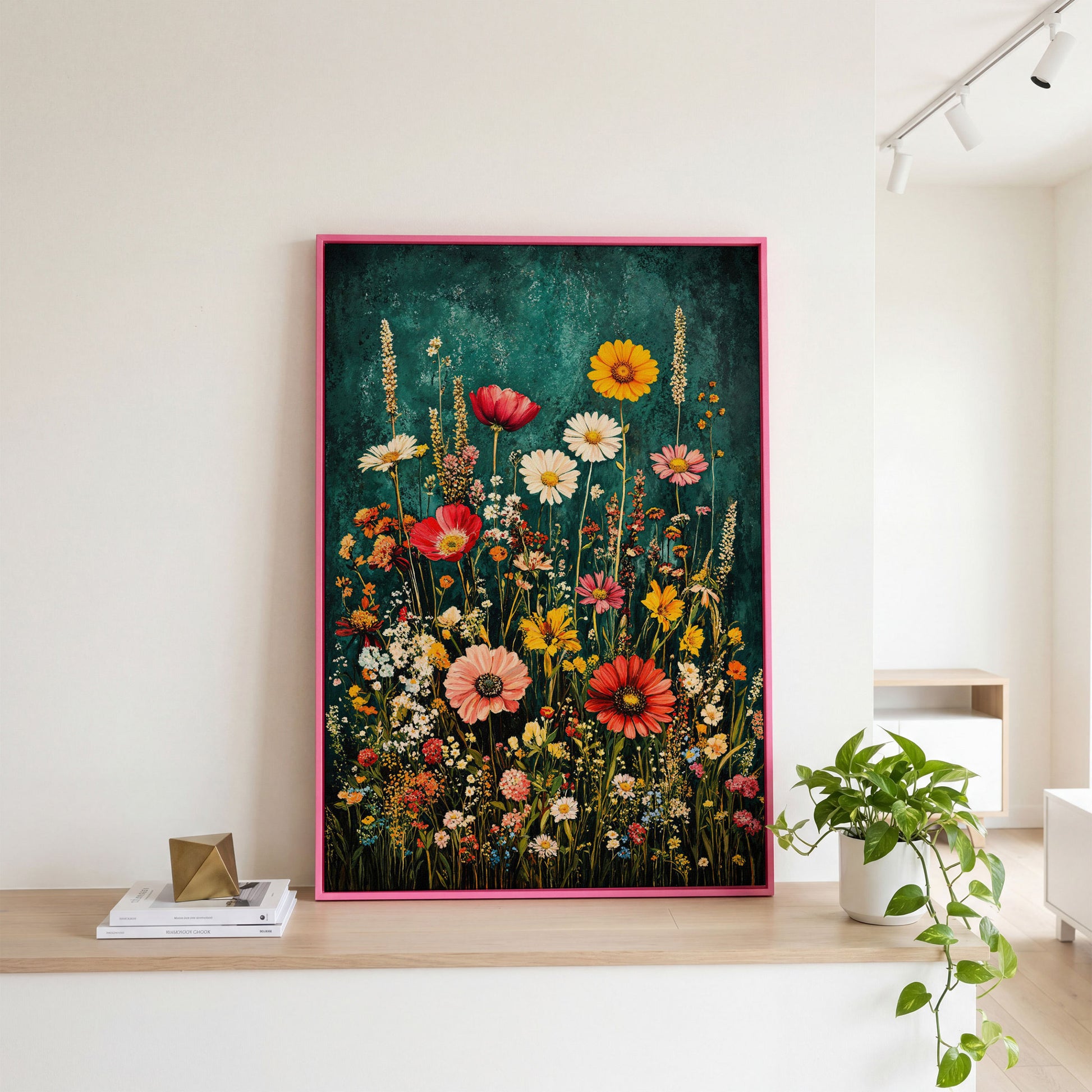 Wildflowers on Teal Canvas Print in pink floating frame