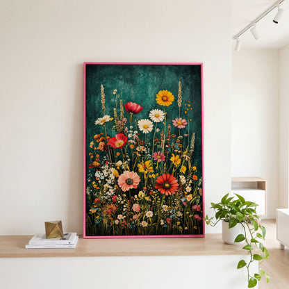 Wildflowers on Teal Canvas Print in pink floating frame
