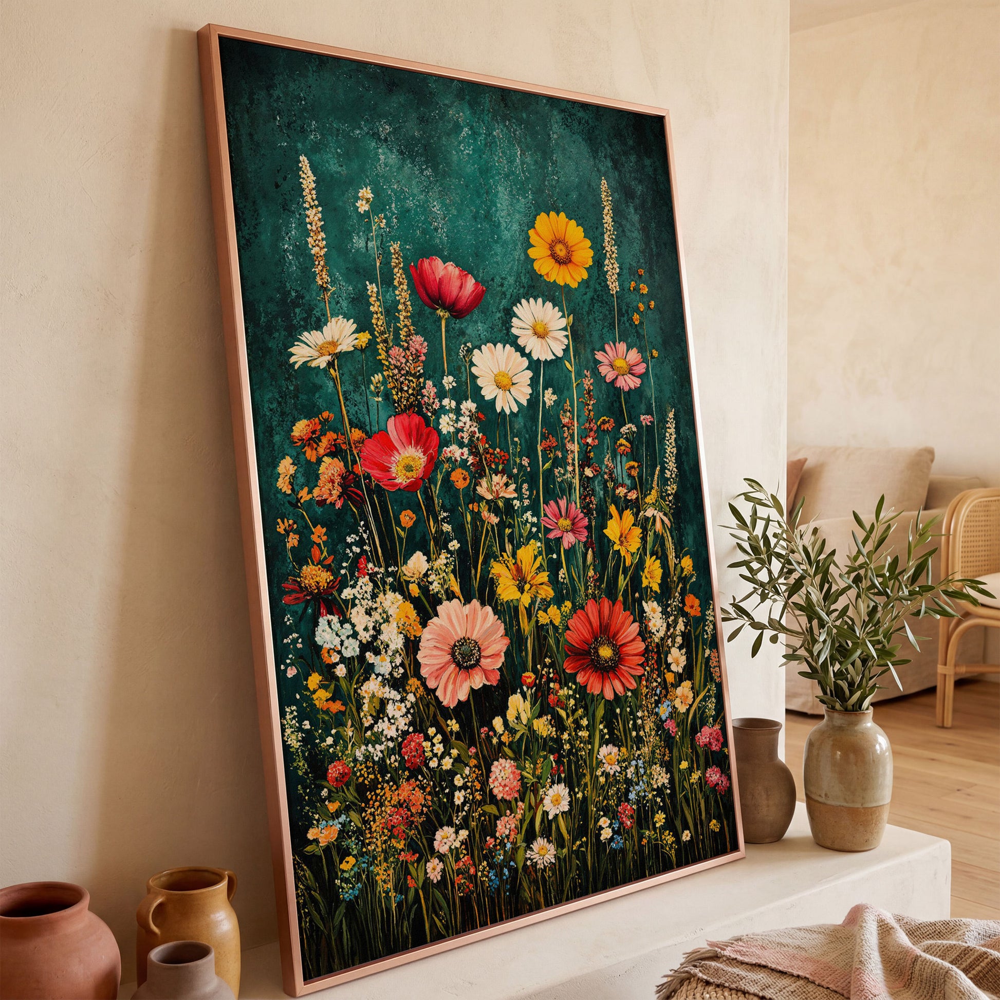 Wildflowers on Teal Canvas Print in rose gold floating frame