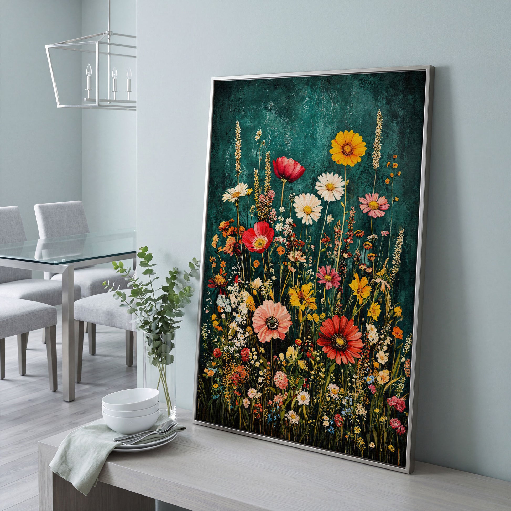 Wildflowers on Teal Canvas Print in silver floating frame
