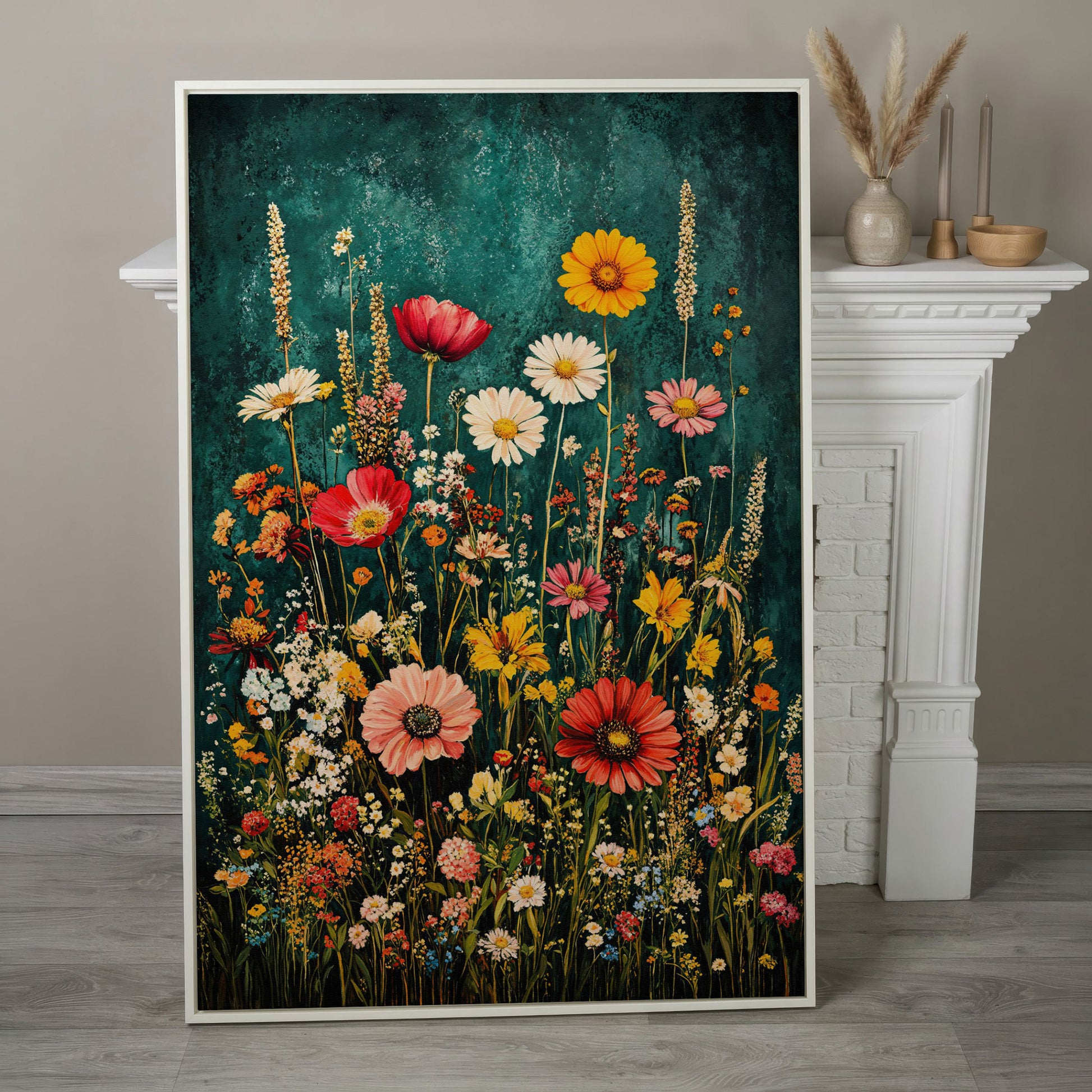 Wildflowers on Teal Canvas Print in white floating frame