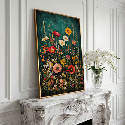Wildflowers on Teal Canvas Print in yellow gold floating frame