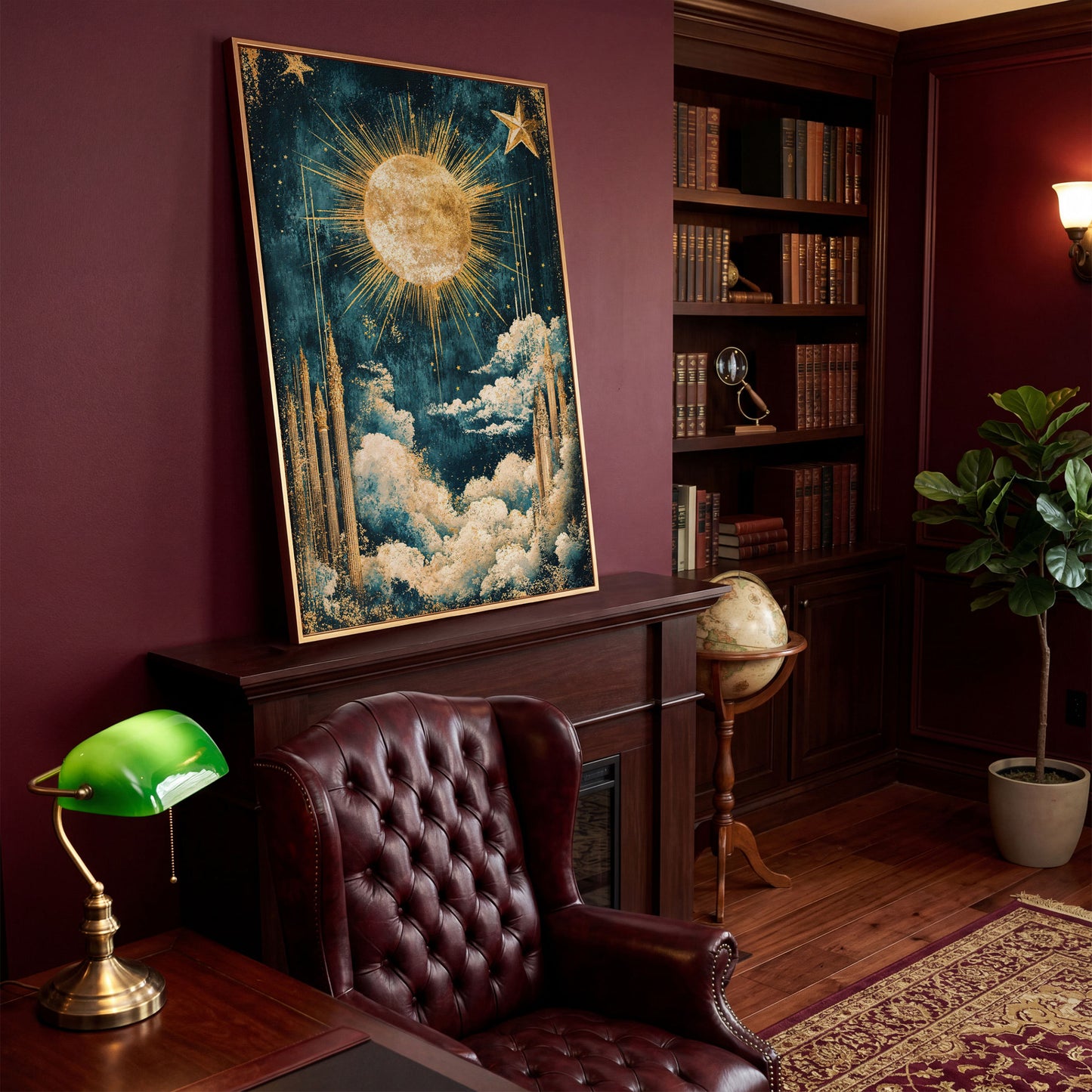 Celestial Sun and Stars Canvas Art, Vintage Mystical Style in antique gold floating frame