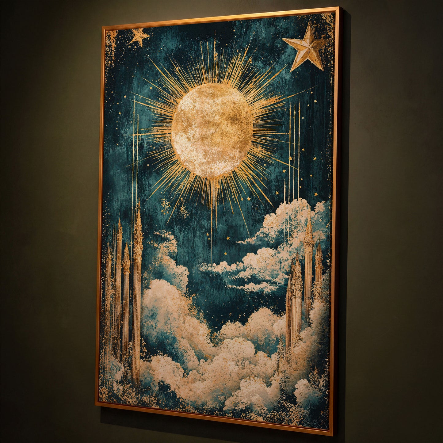 Celestial Sun and Stars Canvas Art, Vintage Mystical Style shown in antique gold floating frame
