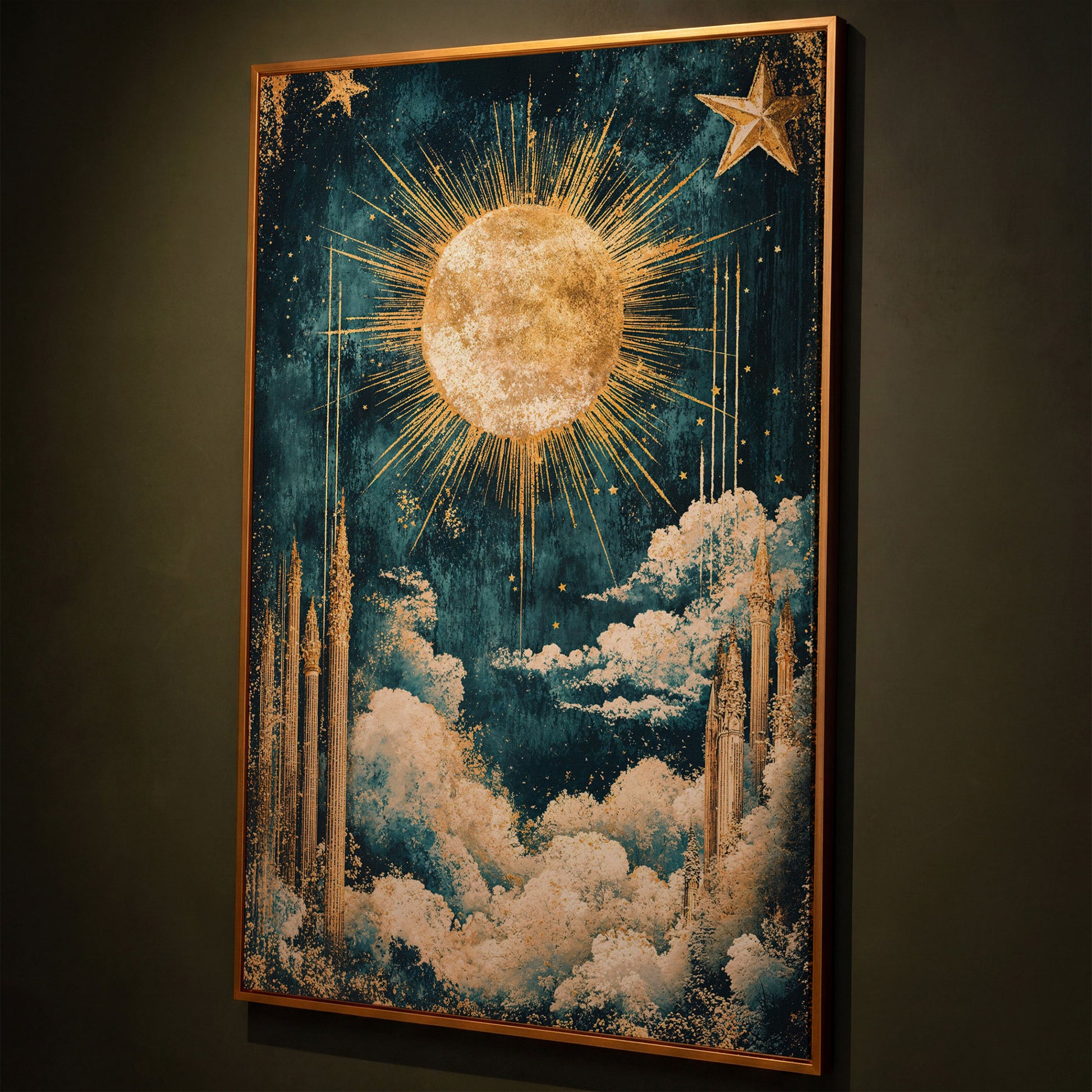 Celestial Sun and Stars Canvas Art, Vintage Mystical Style shown in antique gold floating frame