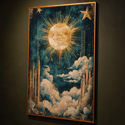 Celestial Sun and Stars Canvas Art, Vintage Mystical Style shown in antique gold floating frame