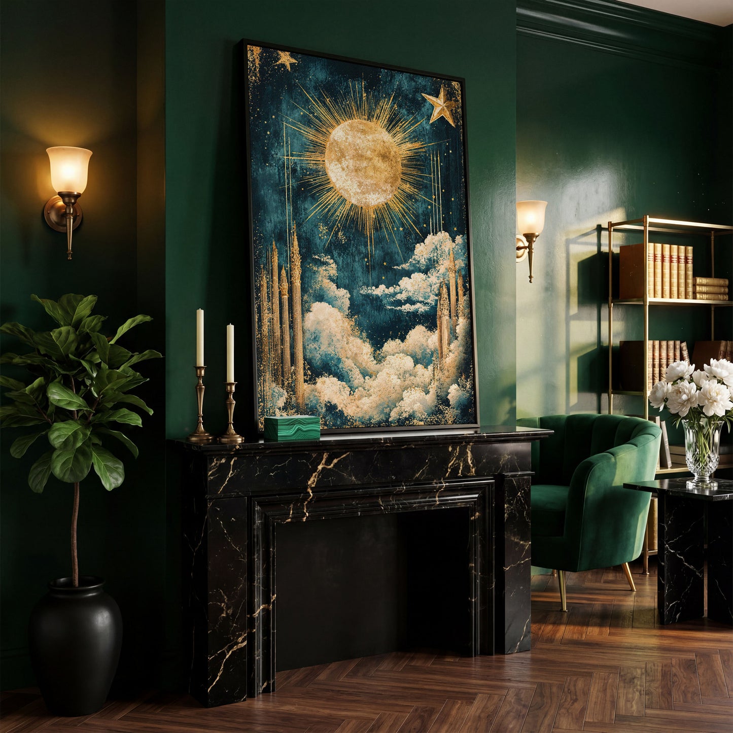 Celestial Sun and Stars Canvas Art, Vintage Mystical Style in black floating frame