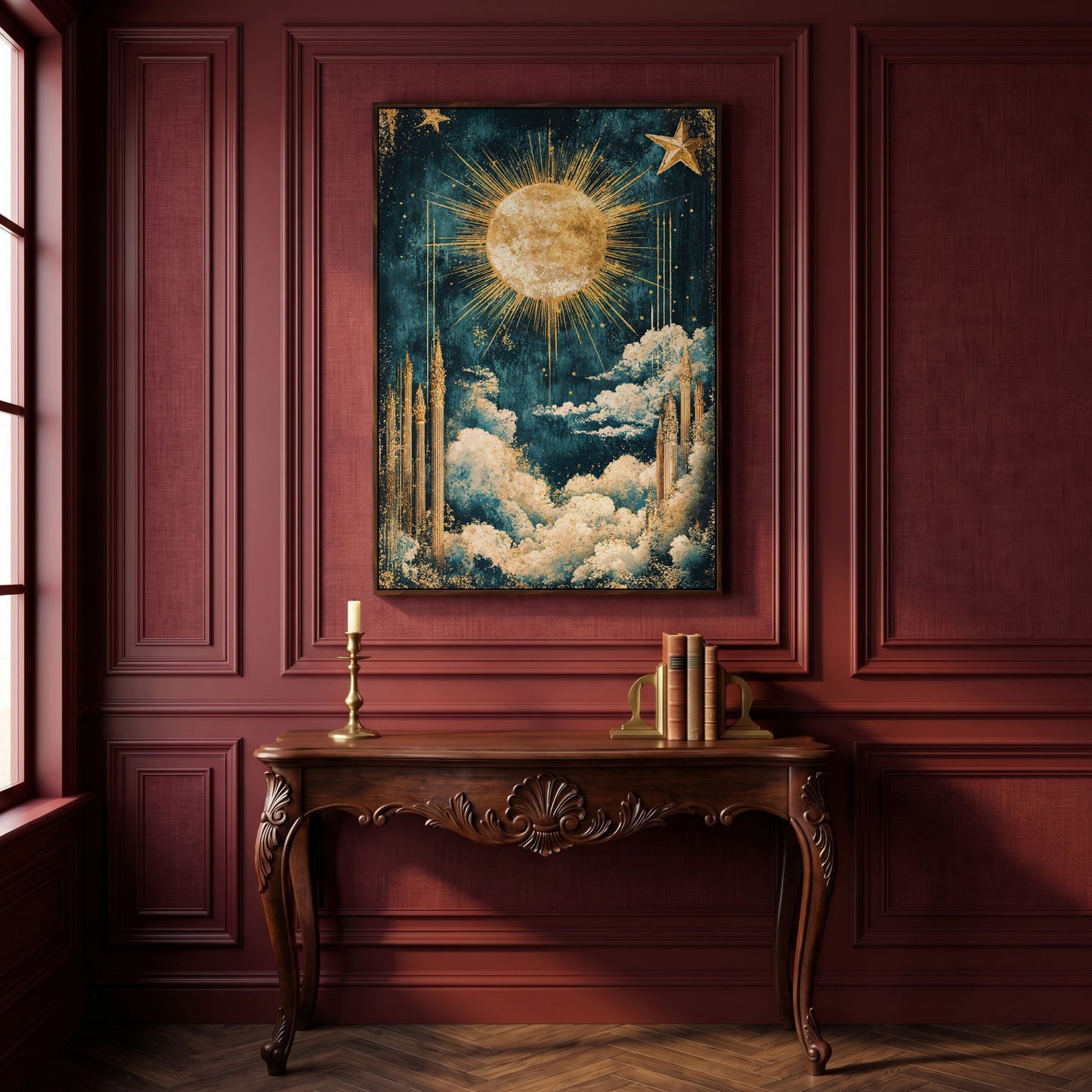 Celestial Sun and Stars Canvas Art, Vintage Mystical Style in dark walnut floating frame