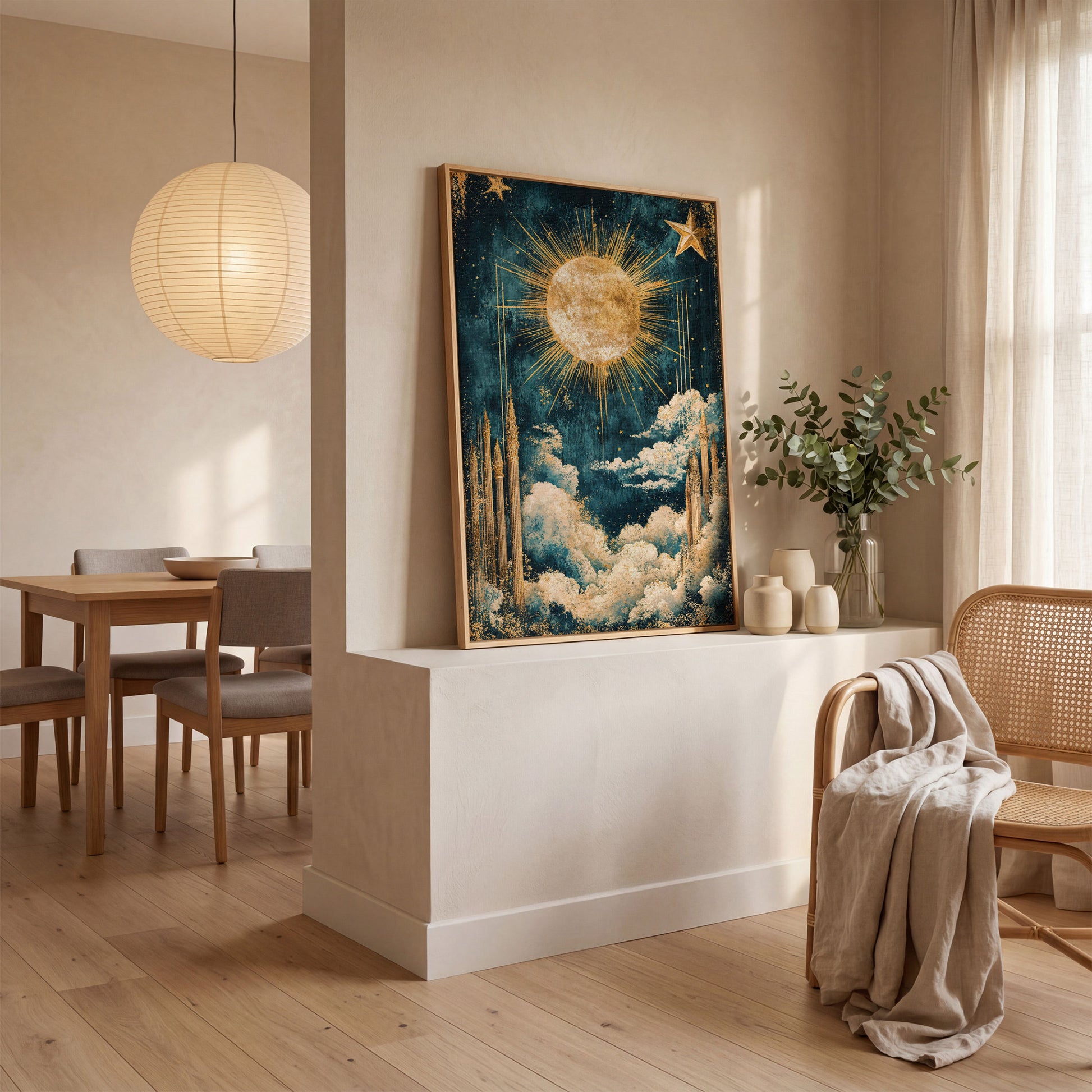 Celestial Sun and Stars Canvas Art, Vintage Mystical Style in white oak floating frame