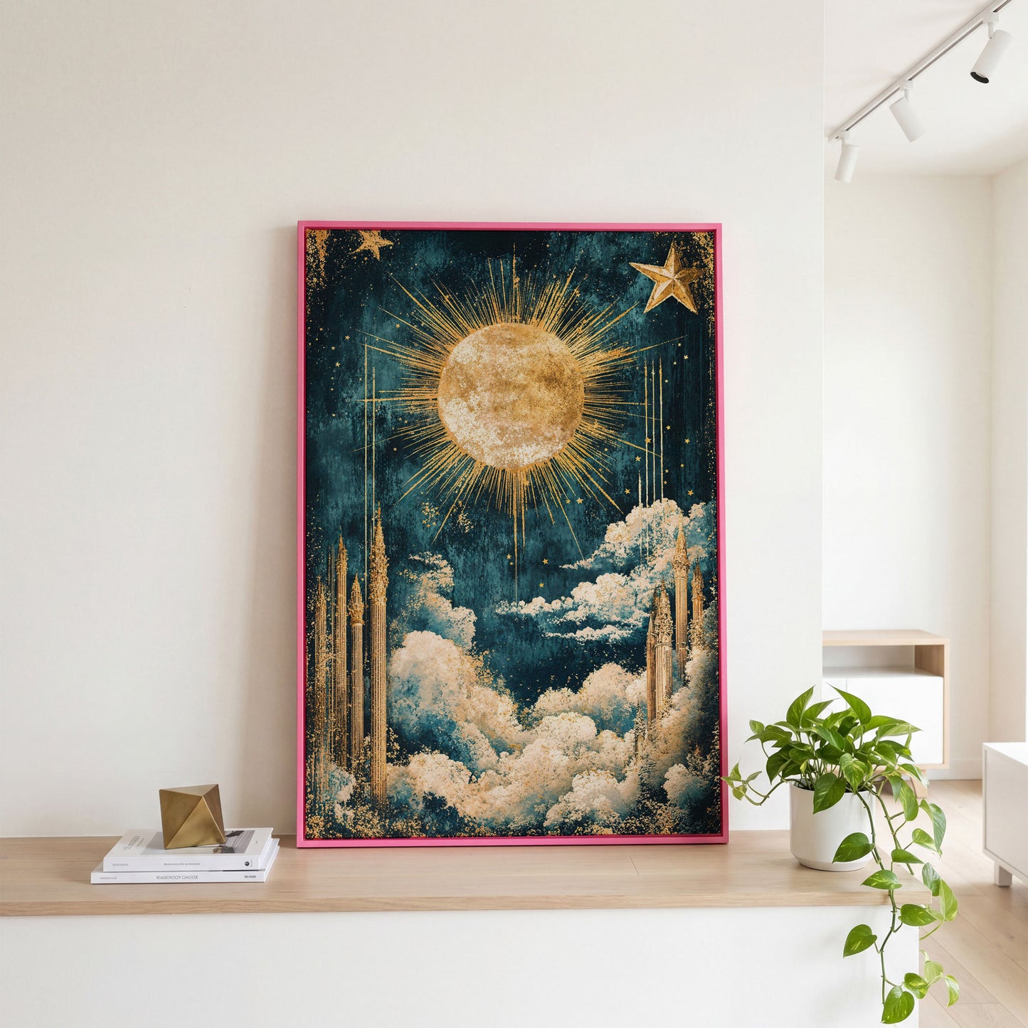 Celestial Sun and Stars Canvas Art, Vintage Mystical Style in pink floating frame