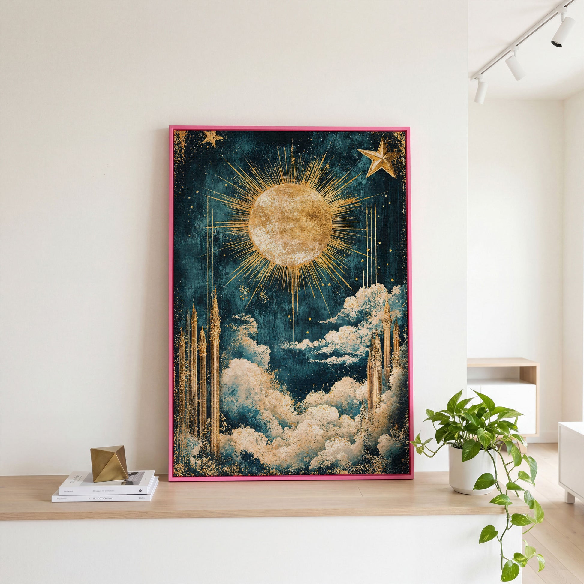 Celestial Sun and Stars Canvas Art, Vintage Mystical Style in pink floating frame