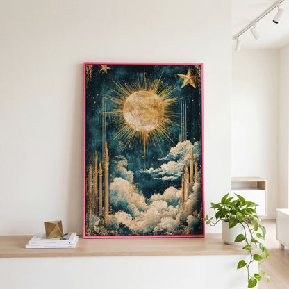 Celestial Sun and Stars Canvas Art, Vintage Mystical Style in pink floating frame