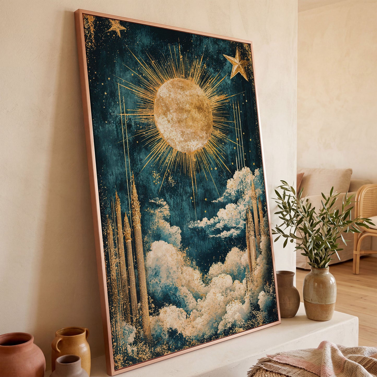 Celestial Sun and Stars Canvas Art, Vintage Mystical Style in rose gold floating frame