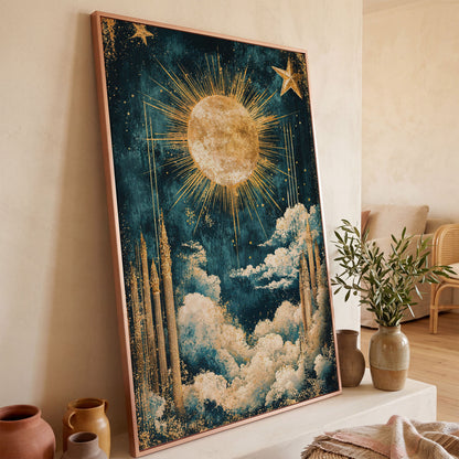 Celestial Sun and Stars Canvas Art, Vintage Mystical Style in rose gold floating frame