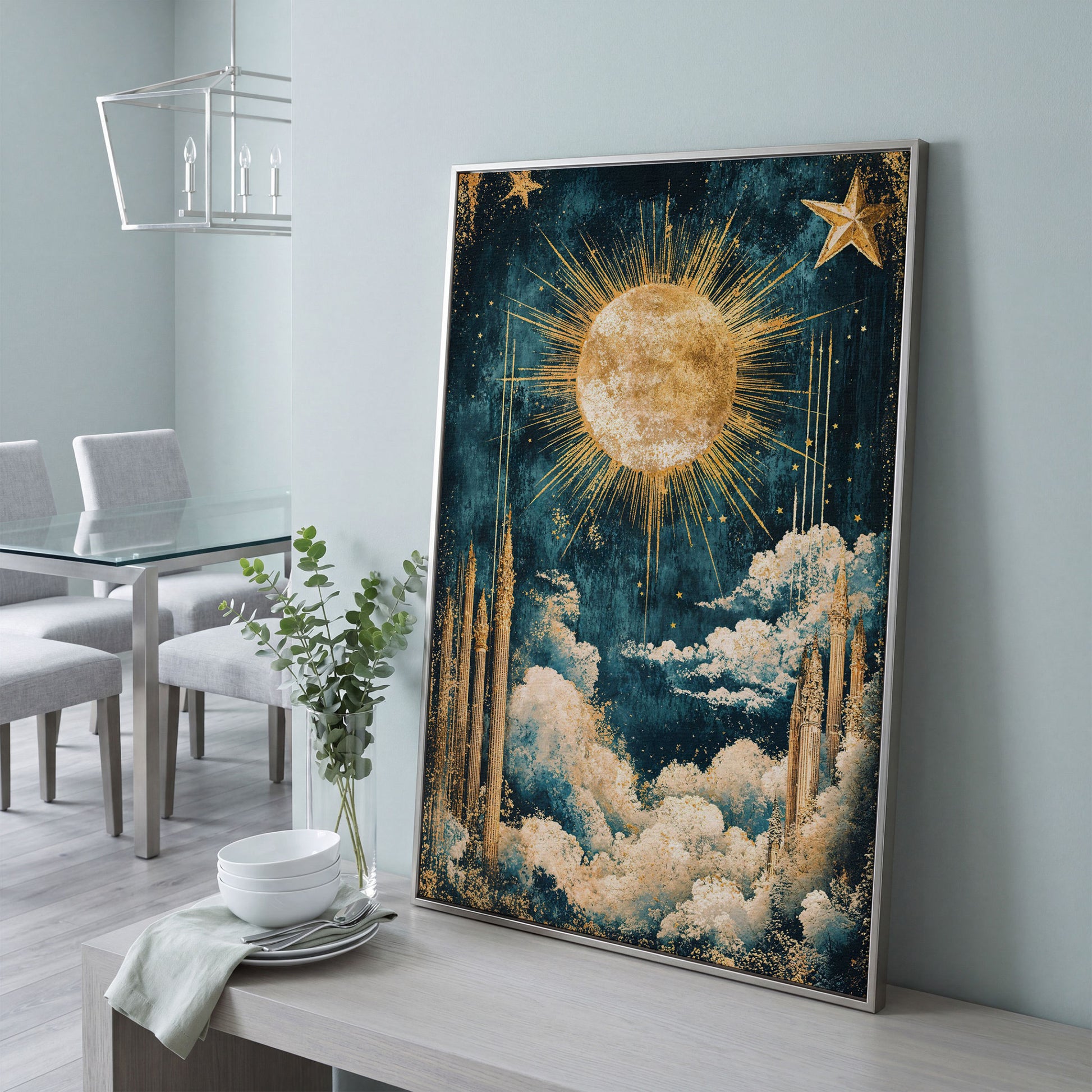 Celestial Sun and Stars Canvas Art, Vintage Mystical Style in silver floating frame