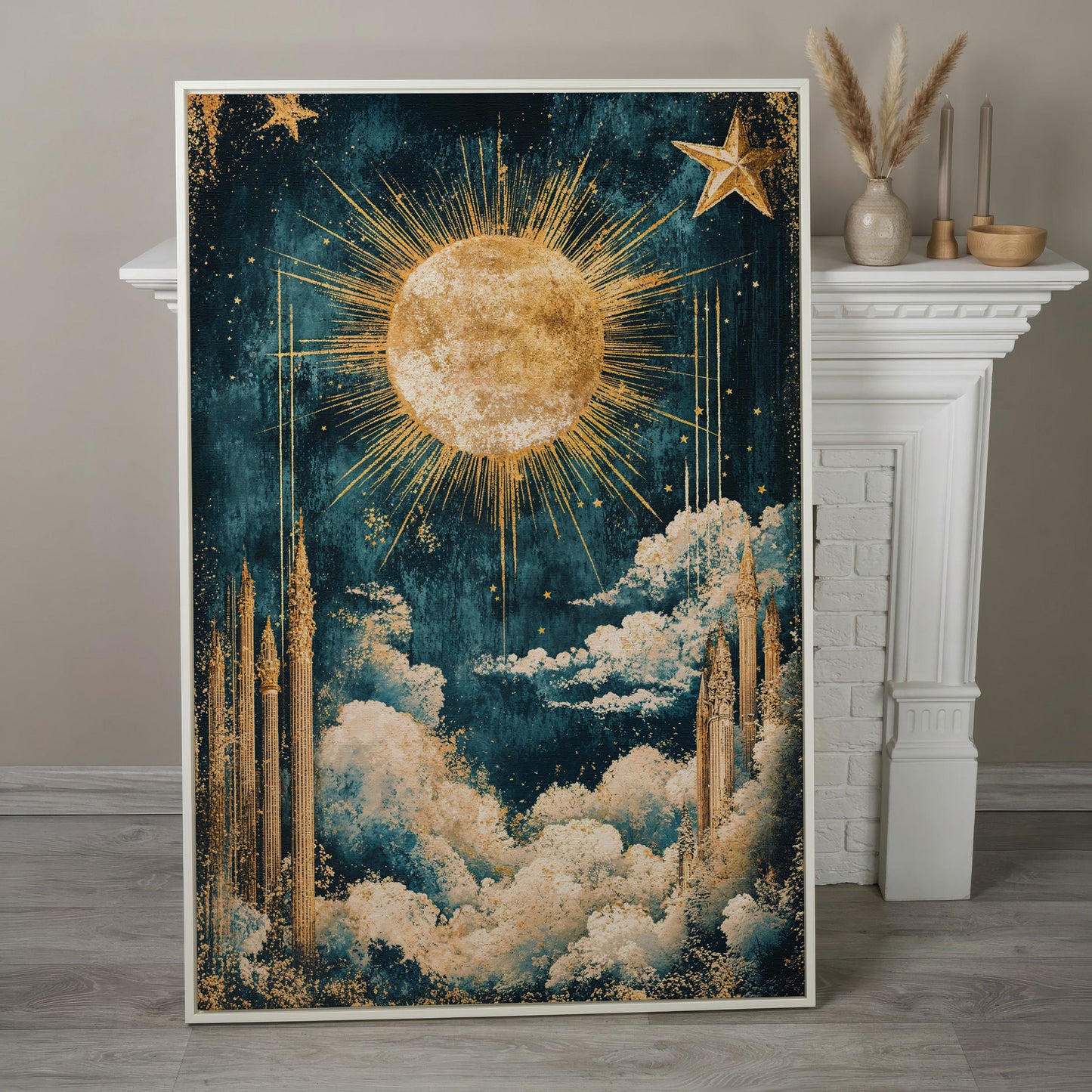 Celestial Sun and Stars Canvas Art, Vintage Mystical Style in white floating frame