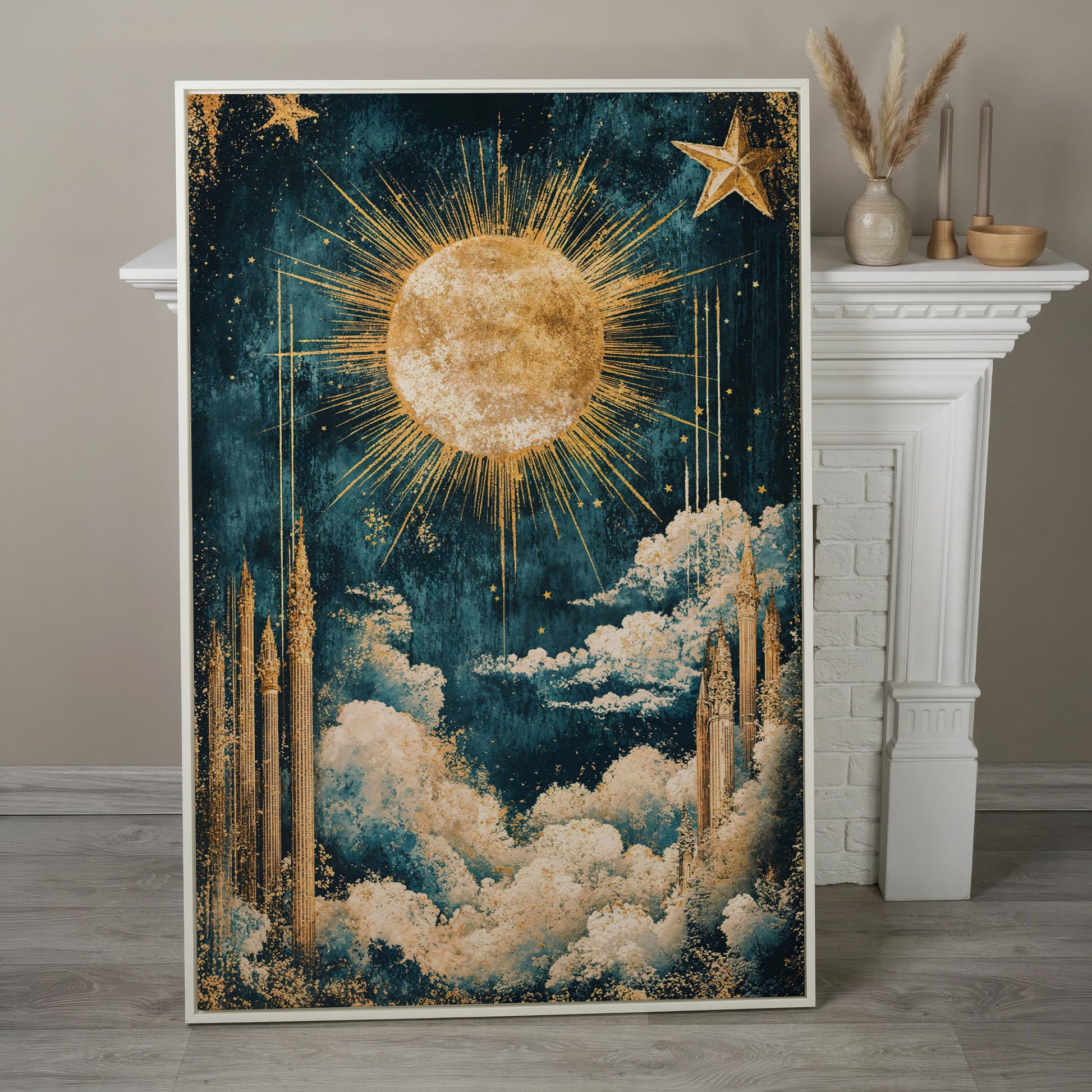 Celestial Sun and Stars Canvas Art, Vintage Mystical Style in white floating frame