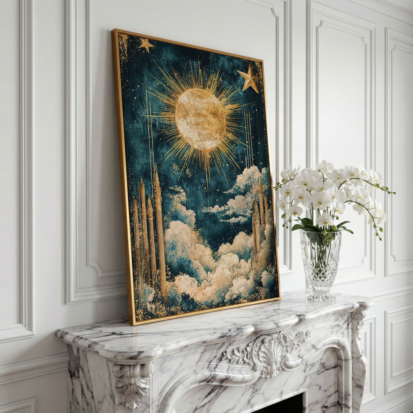 Celestial Sun and Stars Canvas Art, Vintage Mystical Style in yellow gold floating frame