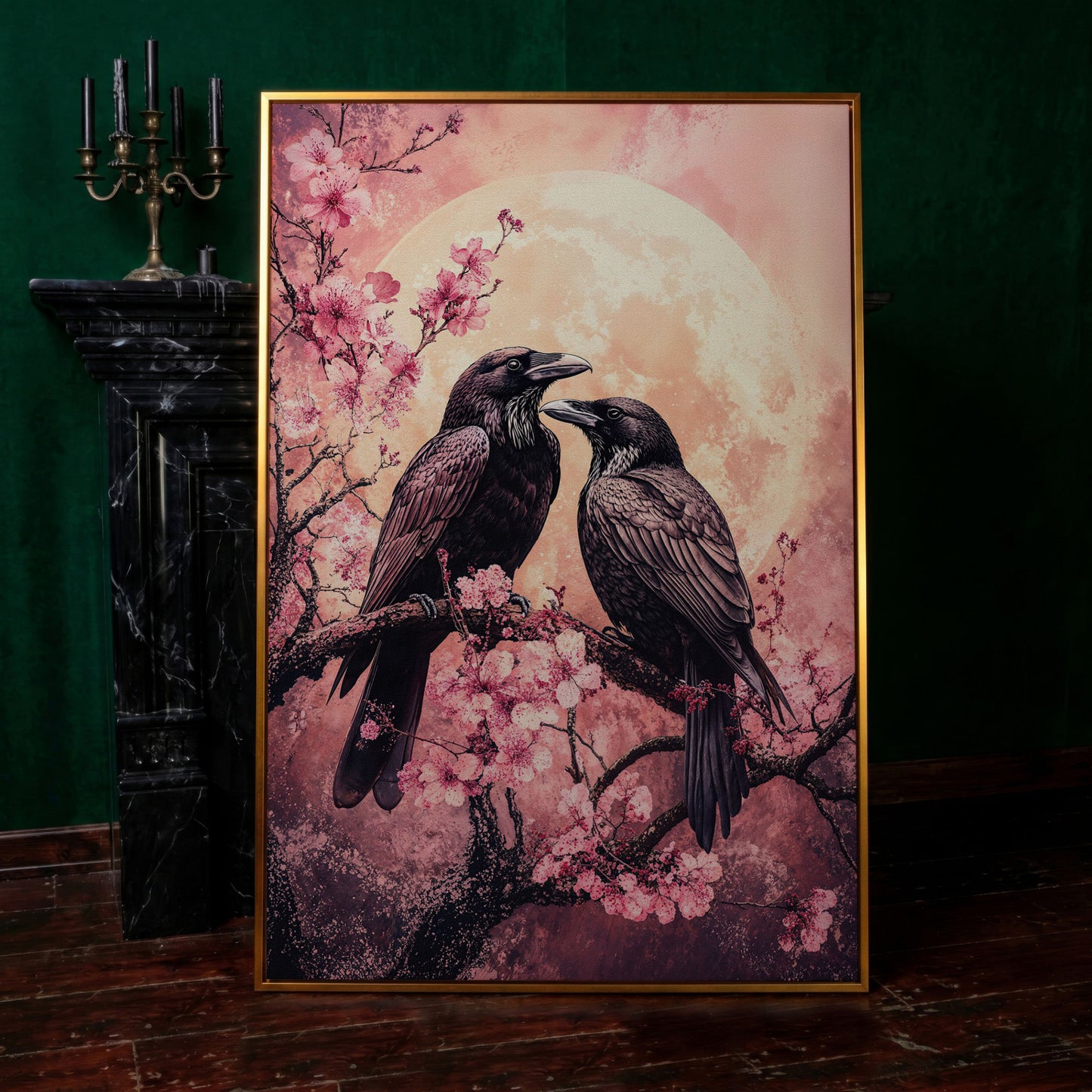 Two Ravens on Cherry Blossom Branch, Full Moon Canvas Art in antique gold floating frame