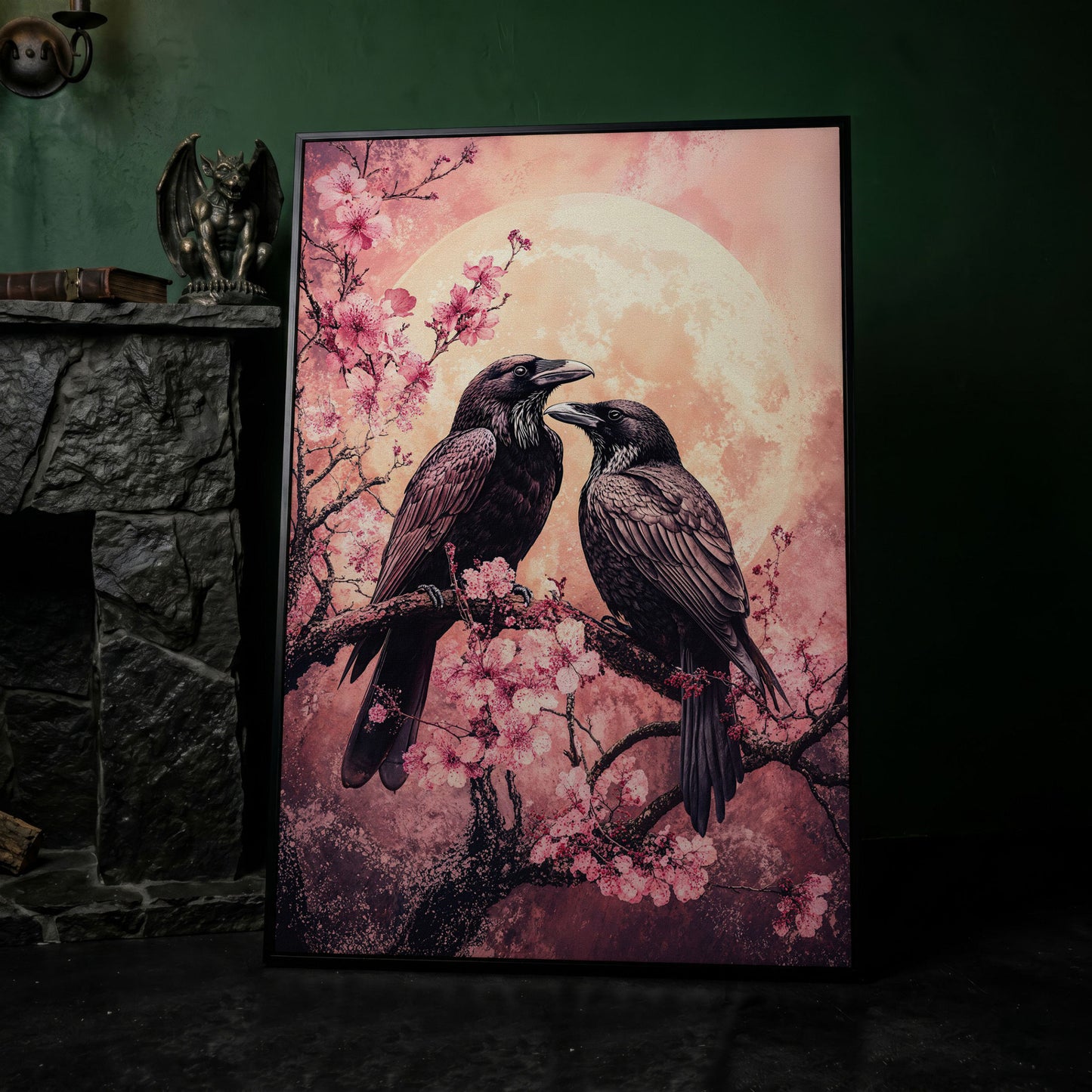 Two Ravens on Cherry Blossom Branch, Full Moon Canvas Art in black floating frame