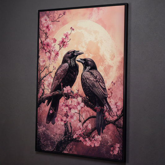 Two Ravens on Cherry Blossom Branch, Full Moon Canvas Art shown in black floating frame