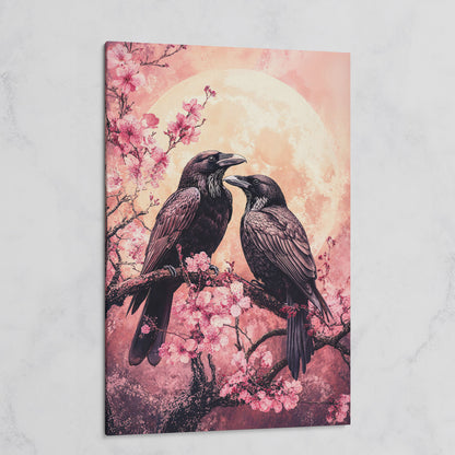 Two Ravens on Cherry Blossom Branch, Full Moon Canvas Art on gallery wrap