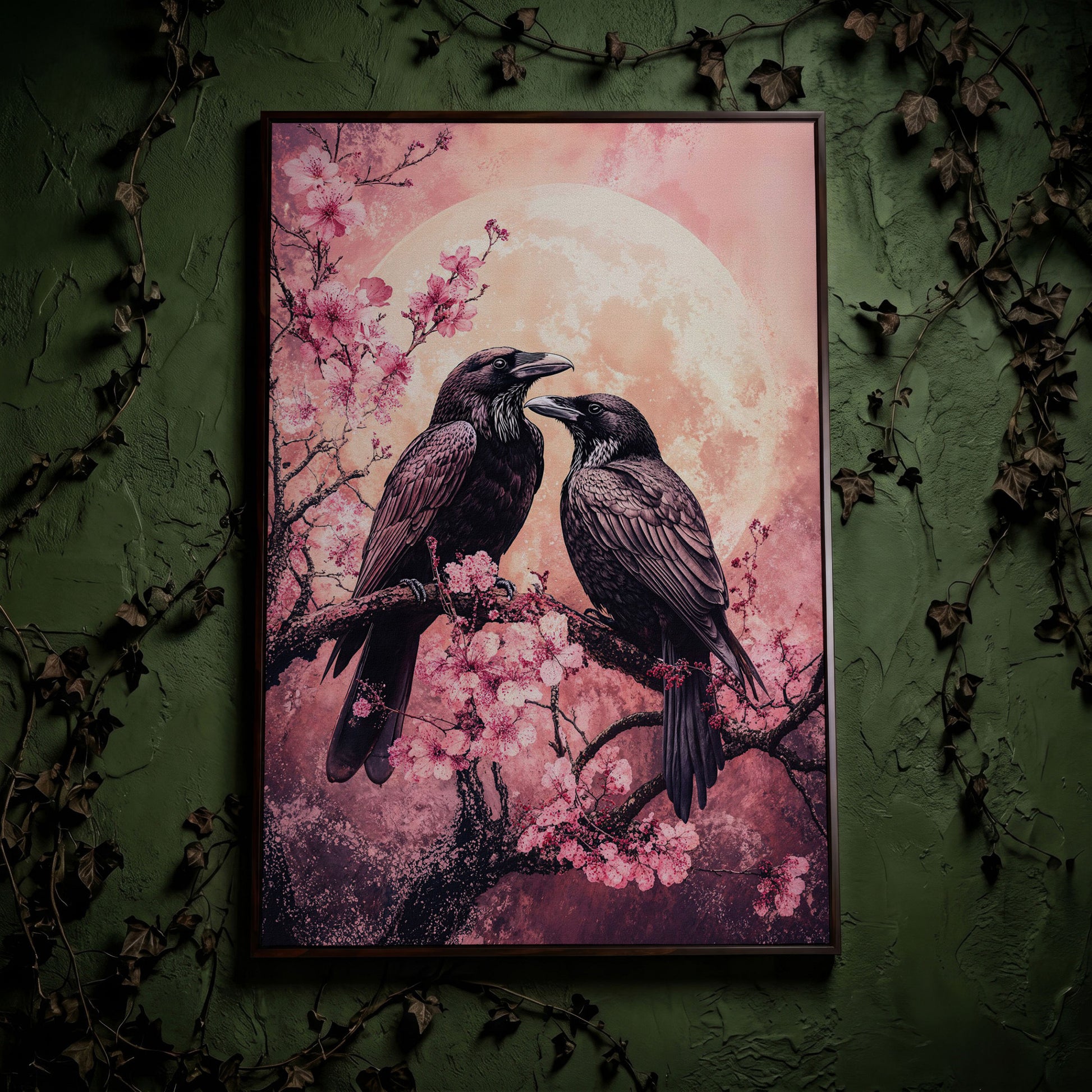 Two Ravens on Cherry Blossom Branch, Full Moon Canvas Art in dark walnut floating frame