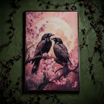 Two Ravens on Cherry Blossom Branch, Full Moon Canvas Art in dark walnut floating frame