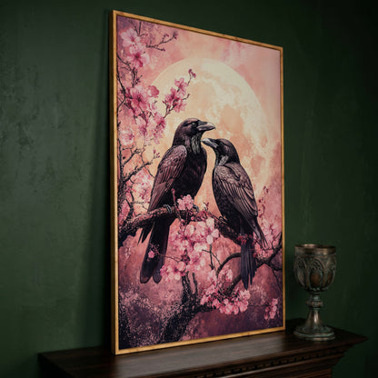 Two Ravens on Cherry Blossom Branch, Full Moon Canvas Art in white oak floating frame