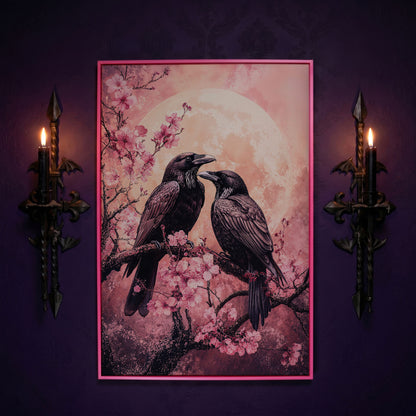 Two Ravens on Cherry Blossom Branch, Full Moon Canvas Art in pink floating frame