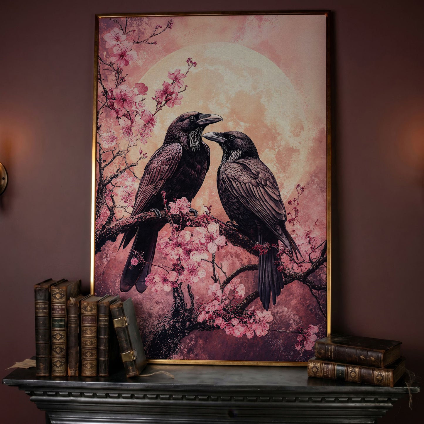 Two Ravens on Cherry Blossom Branch, Full Moon Canvas Art in rose gold floating frame