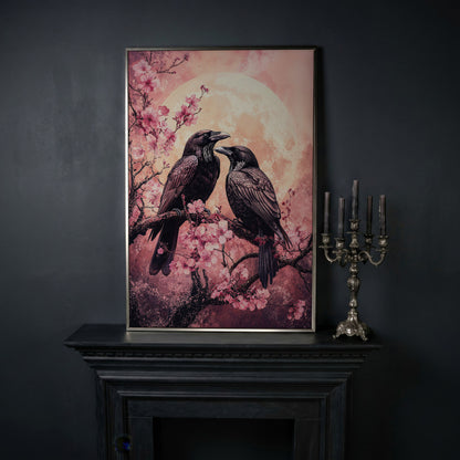 Two Ravens on Cherry Blossom Branch, Full Moon Canvas Art in silver floating frame