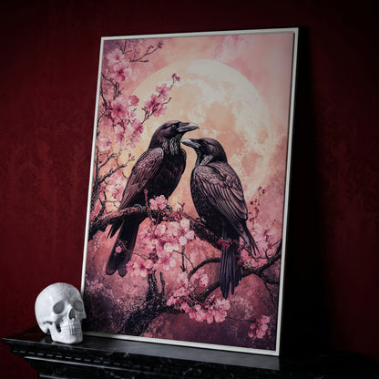 Two Ravens on Cherry Blossom Branch, Full Moon Canvas Art in white floating frame