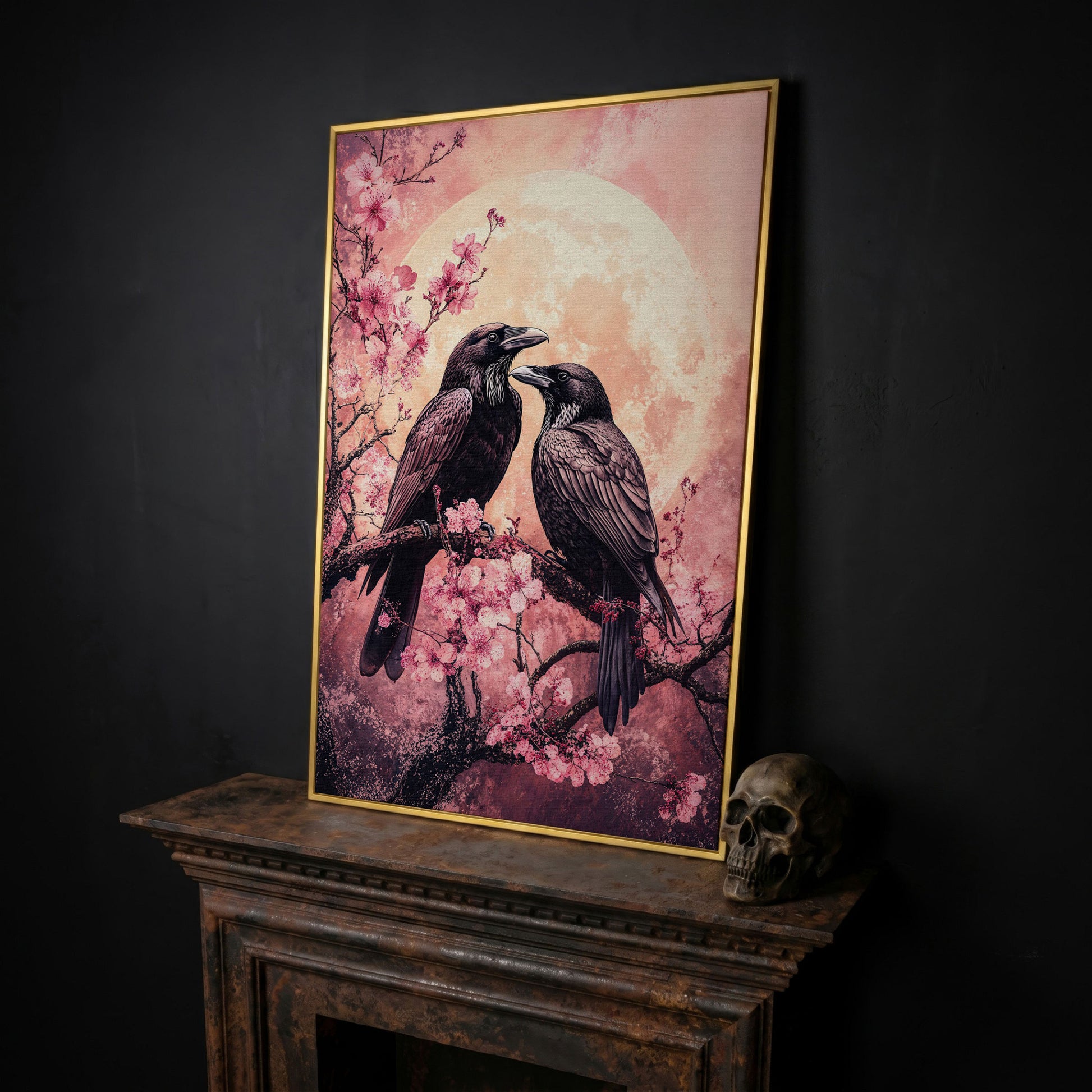 Two Ravens on Cherry Blossom Branch, Full Moon Canvas Art in yellow gold floating frame