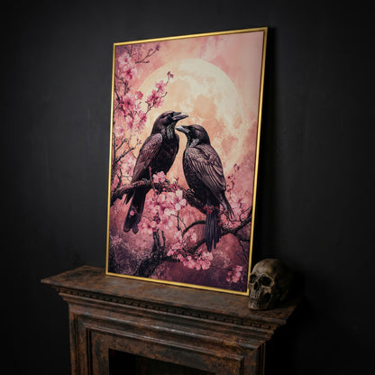 Two Ravens on Cherry Blossom Branch, Full Moon Canvas Art in yellow gold floating frame