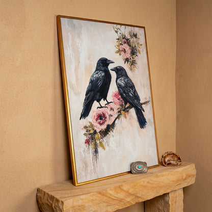 Raven and Crow on Floral Branch Canvas in antique gold floating frame