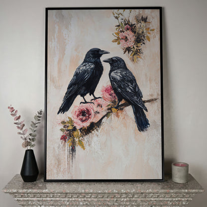 Raven and Crow on Floral Branch Canvas in black floating frame