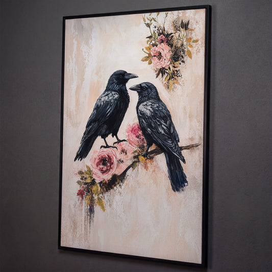 Raven and Crow on Floral Branch Canvas shown in black floating frame