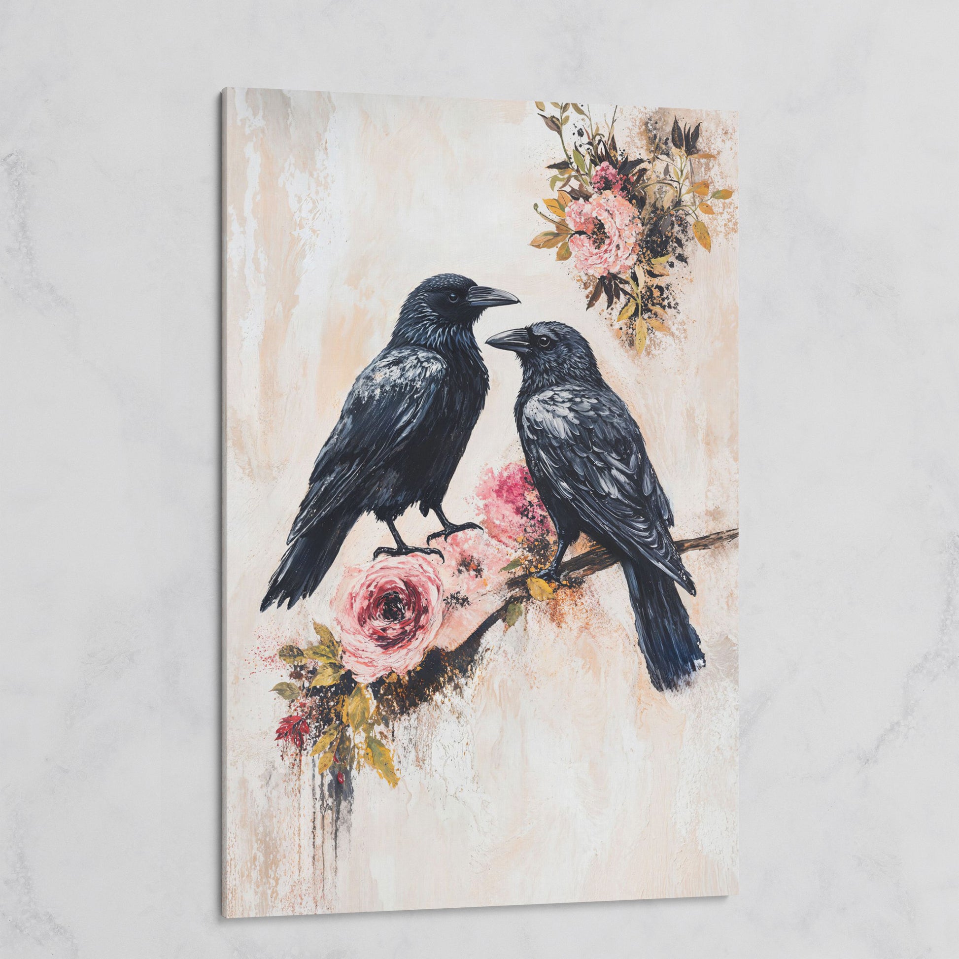 Raven and Crow on Floral Branch Canvas on gallery wrap