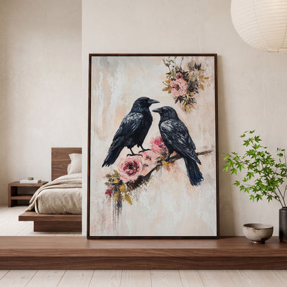 Raven and Crow on Floral Branch Canvas in dark walnut floating frame