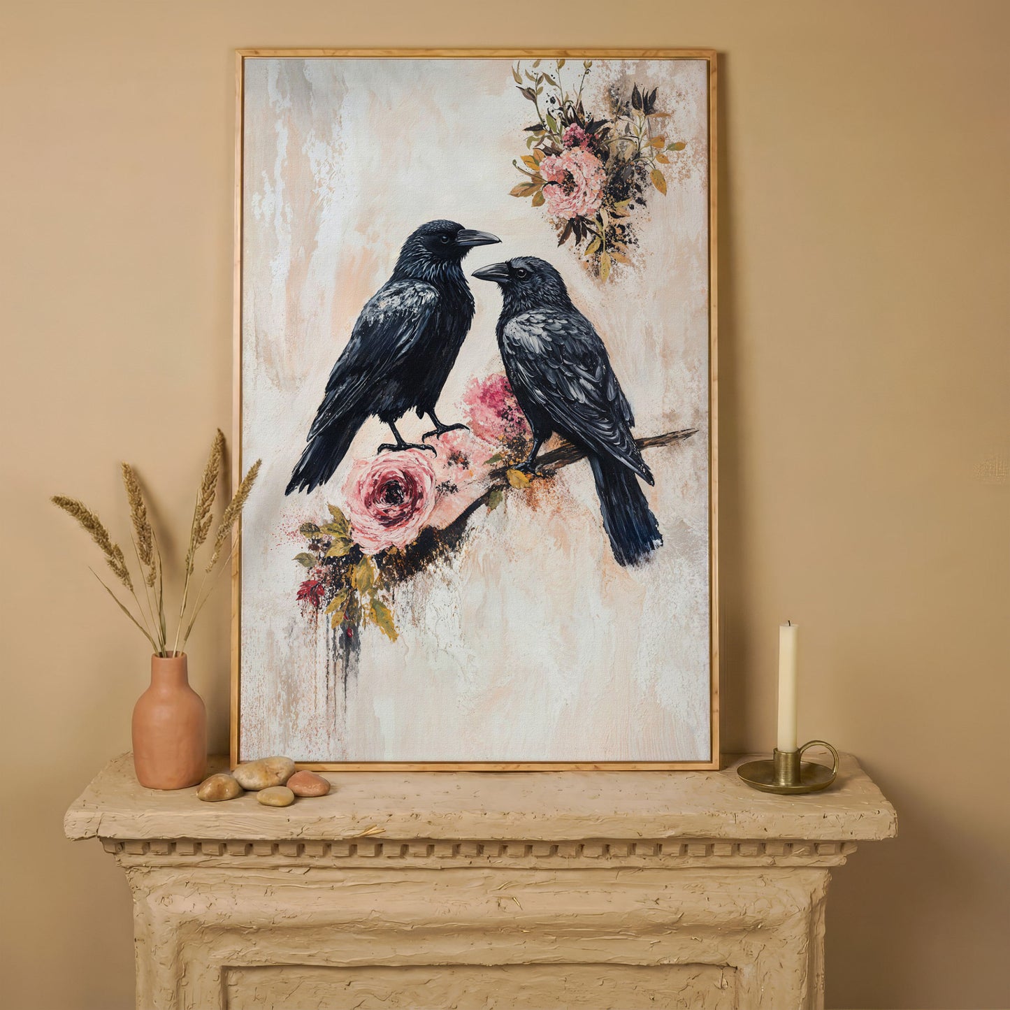 Raven and Crow on Floral Branch Canvas in white oak floating frame
