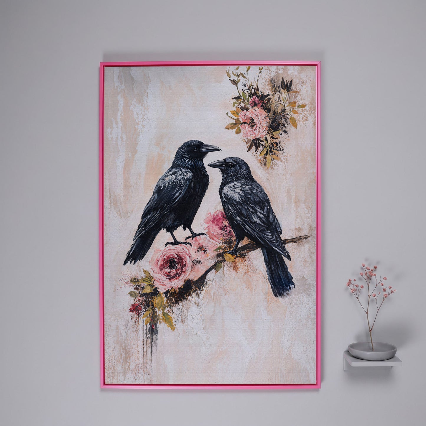 Raven and Crow on Floral Branch Canvas in pink floating frame