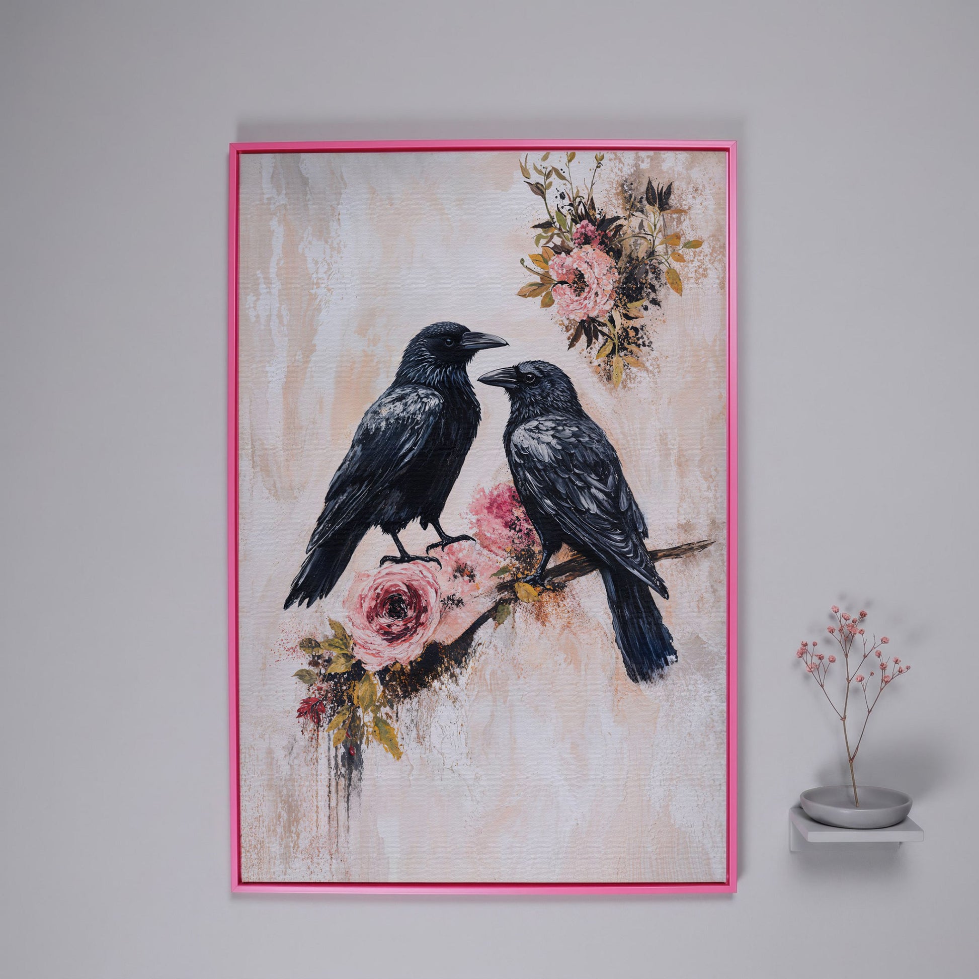 Raven and Crow on Floral Branch Canvas in pink floating frame