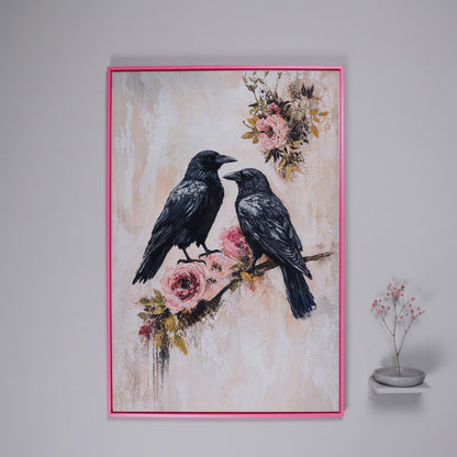 Raven and Crow on Floral Branch Canvas in pink floating frame