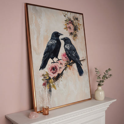 Raven and Crow on Floral Branch Canvas in rose gold floating frame