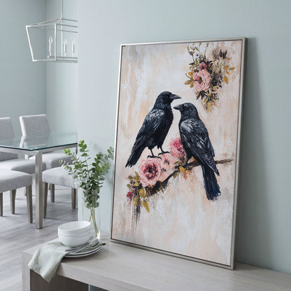Raven and Crow on Floral Branch Canvas in silver floating frame