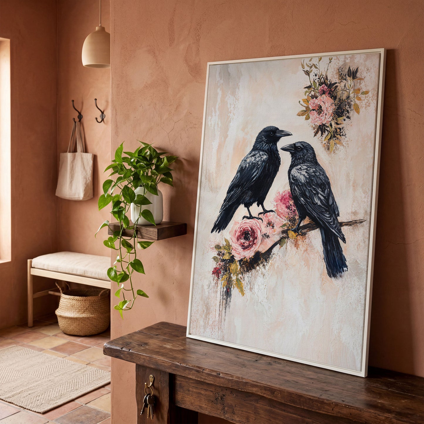 Raven and Crow on Floral Branch Canvas in white floating frame